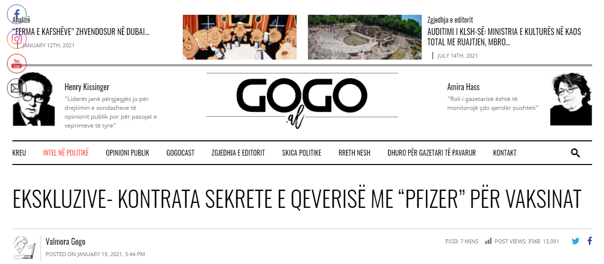 2021-07-27, Contract Pfizer met Albanië, voorkant Alabanese krant