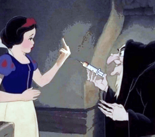 2022-09-19, cartoon heks met injectiespuit tegenover meisje. Hoe een rebel er tegenwoordig uitziet. Malone